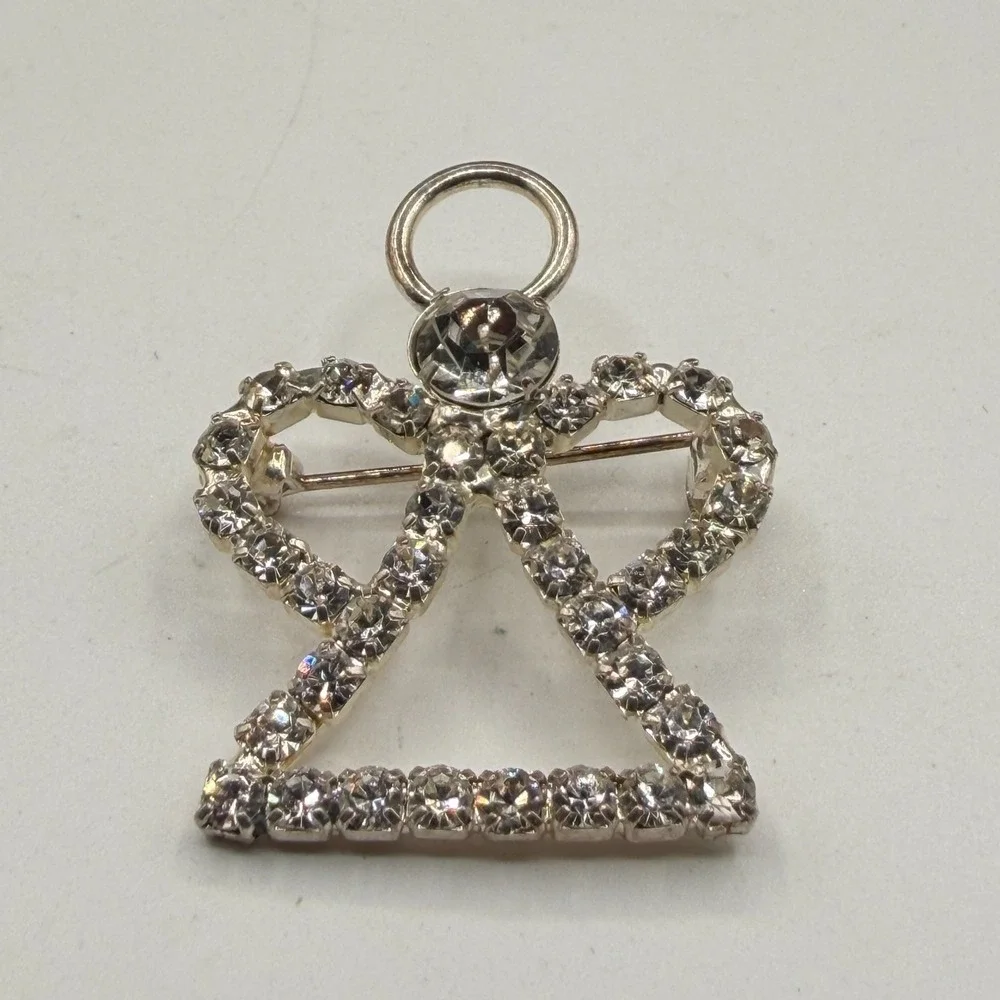 Rhinestone Angel Brooch Silver Tone Halo Christmas Holiday Statement Gift Pin